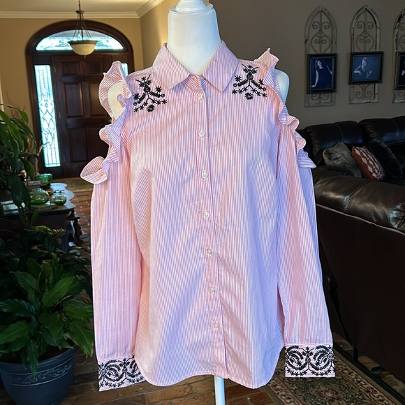 Nanette Lepore Ruffle Cold Shoulder button up shirt szM - Picture 8 of 14